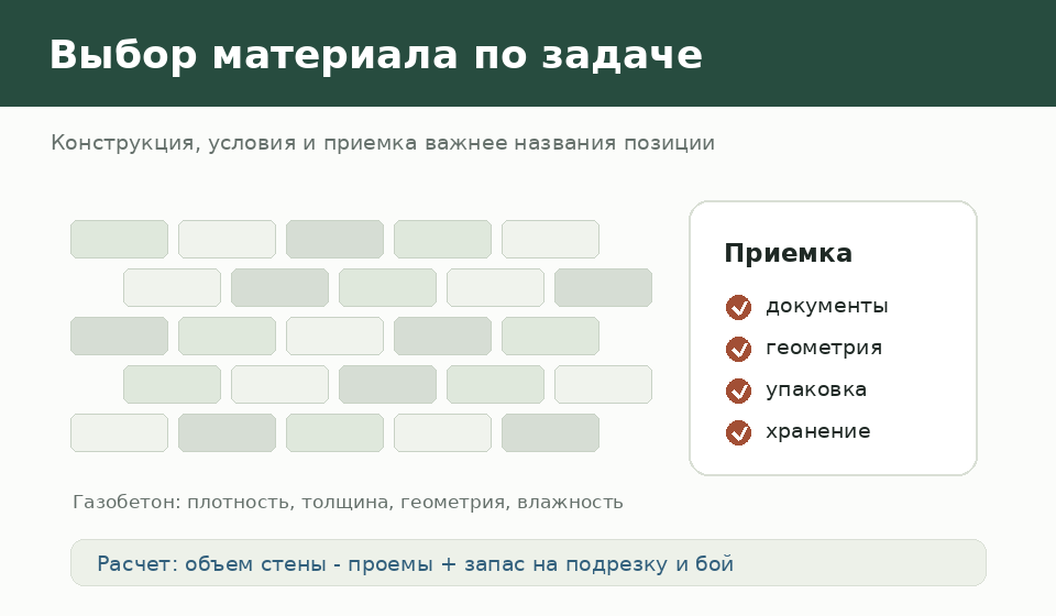 Каталог строительных материалов с карточками, размерами и рабочими заметками